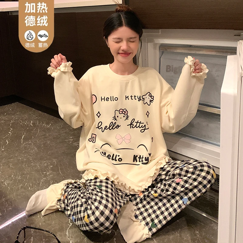 日系风睡衣女秋冬季德绒简约可爱KT猫保暖长袖休闲宽松家居服套装