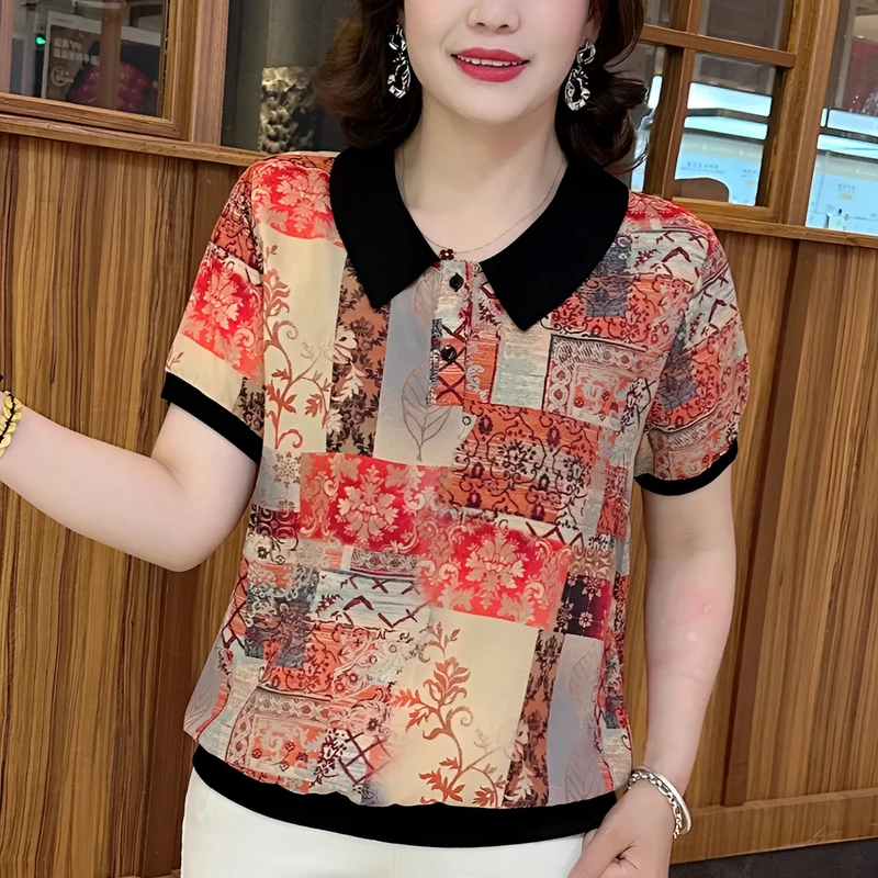 夏季中老年洋气妈妈装休闲宽松复古提花短袖上衣