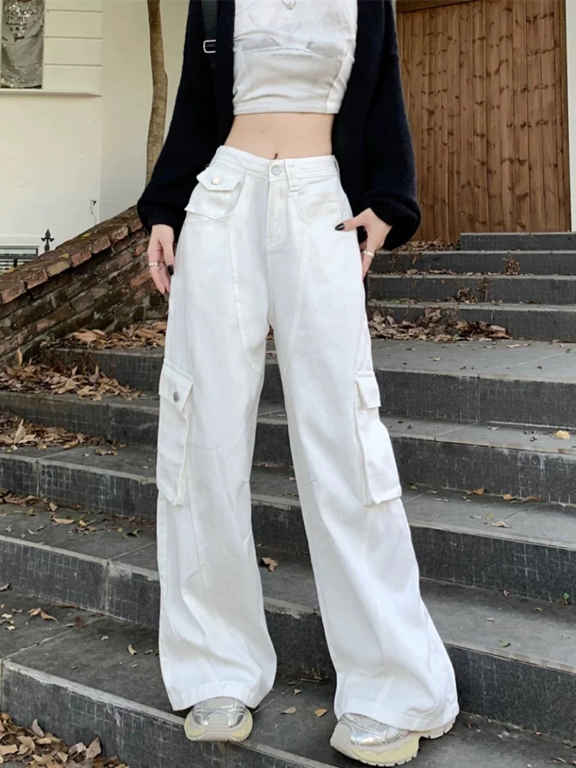 美式白色口袋工装牛仔裤女秋季高腰宽松阔腿拖地设计感裤子潮