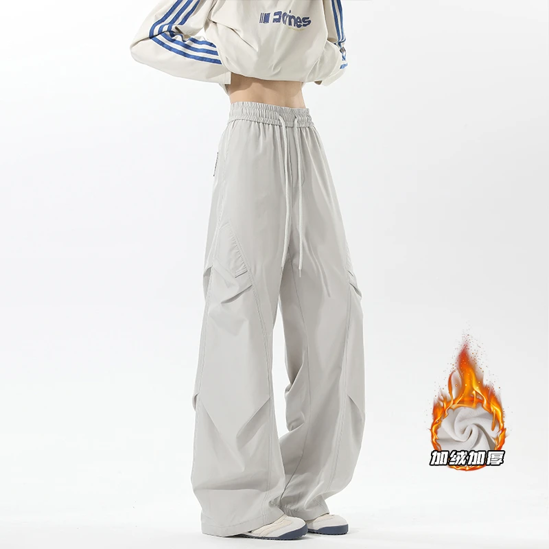 软壳冲锋裤男女秋季美式潮牌褶皱伞兵工装裤宽松直筒运动休闲裤