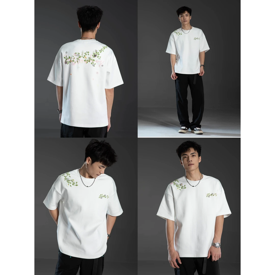 S123 【手写花卉】夏季cleanfit潮牌植物印花短袖T恤复古休闲上衣