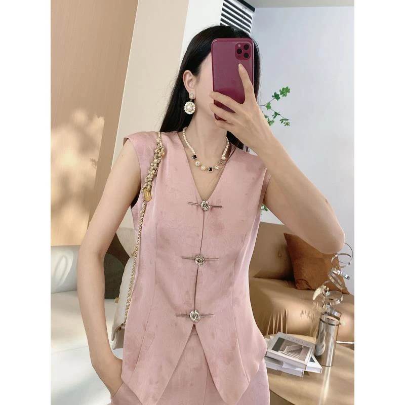 D 坎肩袖国风蝴蝶提花上衣+两侧松紧阔腿裤两件套3380