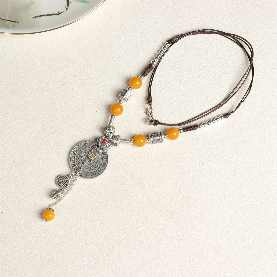 吊坠925银 原创设计款编织复古民族风女款吊坠颈饰9mm