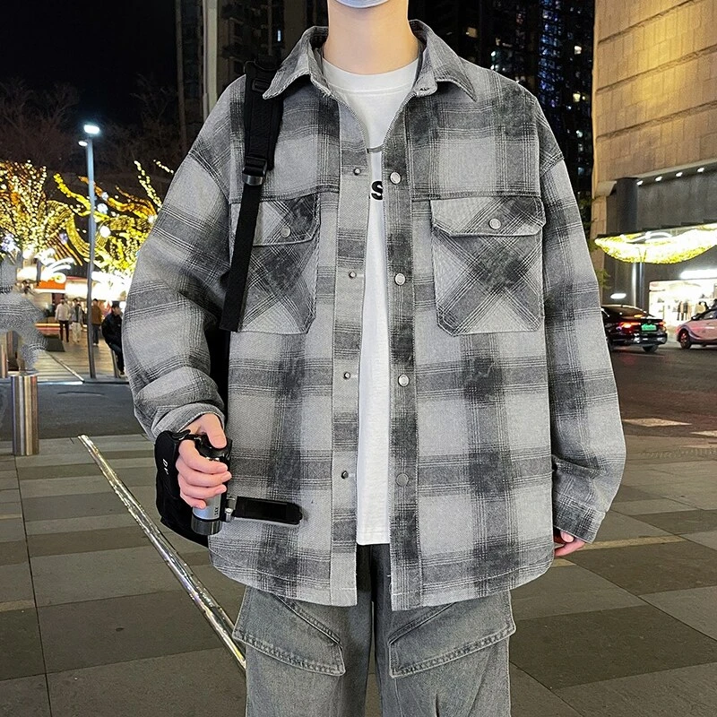 格子外套男2025新款衬衫型极客男装潮牌上衣青少年港风休闲褂子男