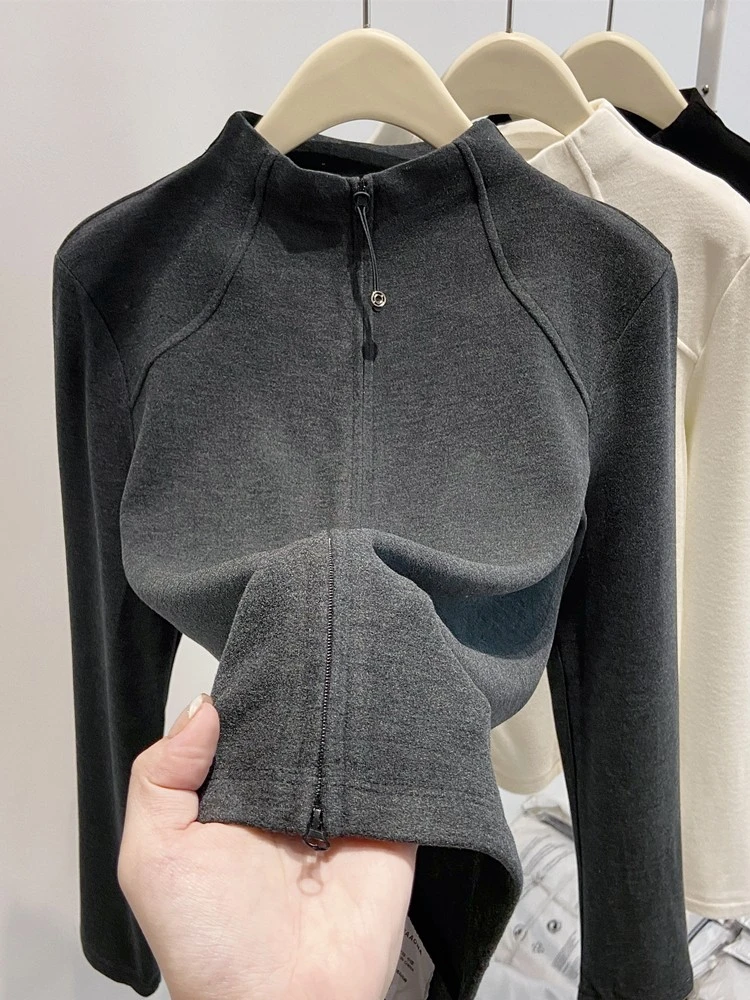 半高领德绒秋冬开衫外套女2025新款秋季双拉链修身卫衣内搭打底衫