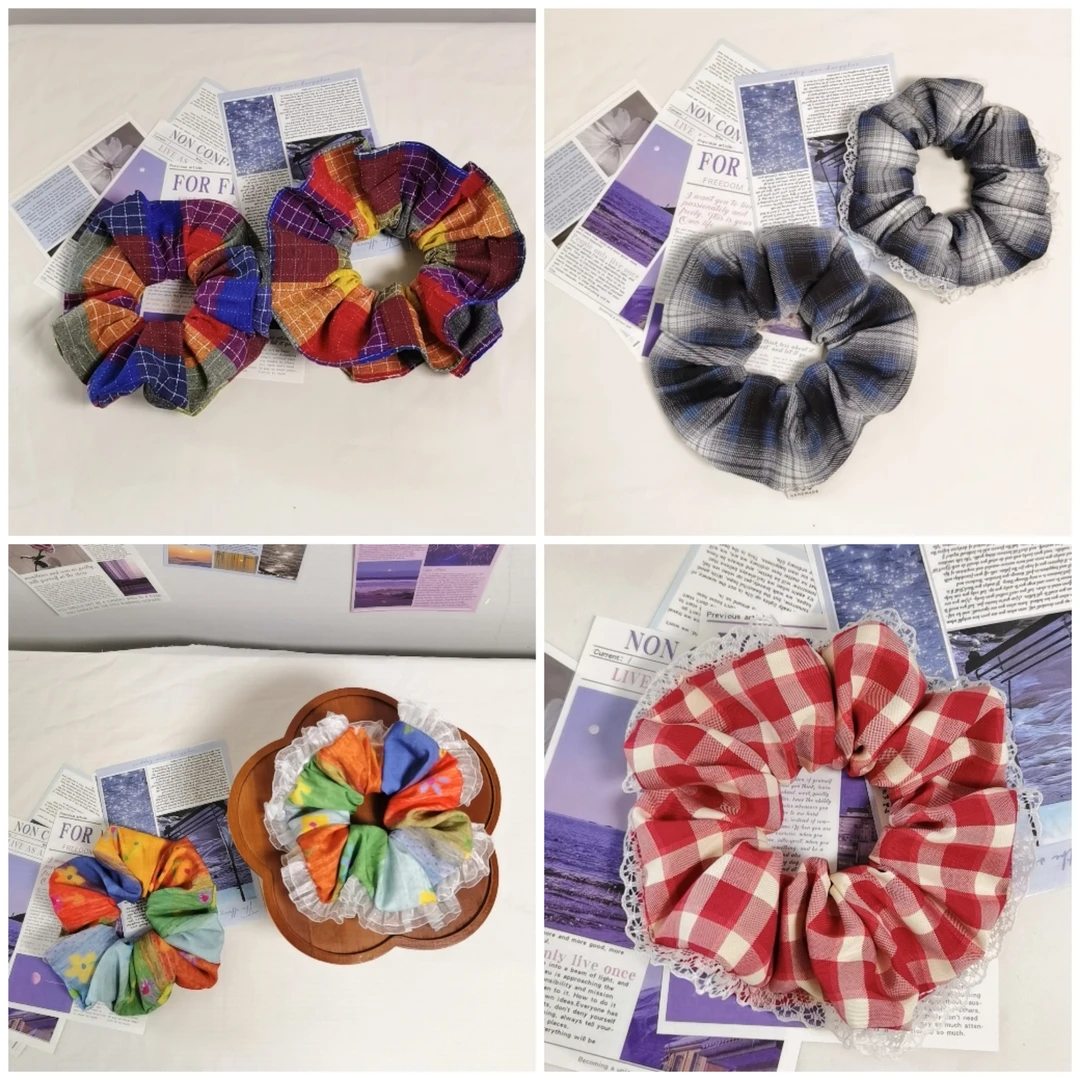 韩系复古蓝色格子花边大肠发圈女高级感超大丸子头扎头发头绳头饰