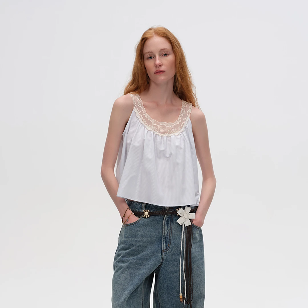 VENA LABEL设计师品牌蕾丝领天丝条纹挂脖小衫DSC买手店CY5V11013