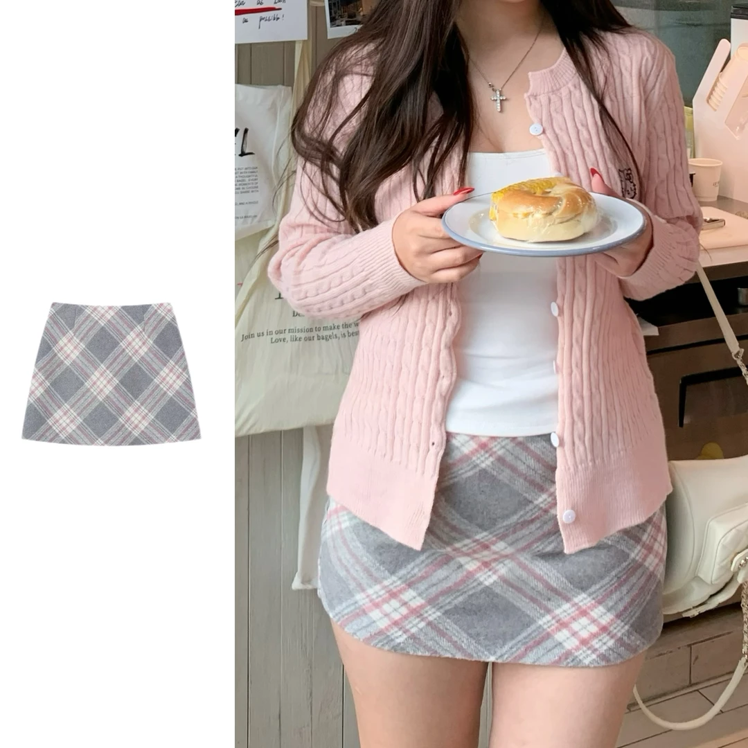 卤蛋公主【灰粉格】粉色格子短裙大码胖mm高腰显瘦百搭A字包臀裙女