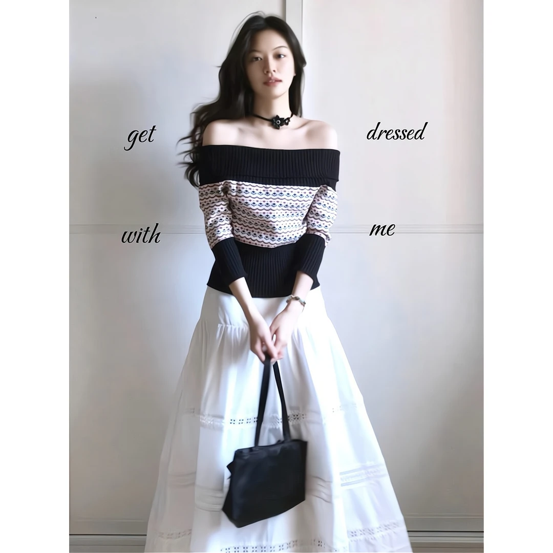 复古花纹提花一字肩套头慵懒风针织毛衣镂空蕾丝边花苞裙半身裙女