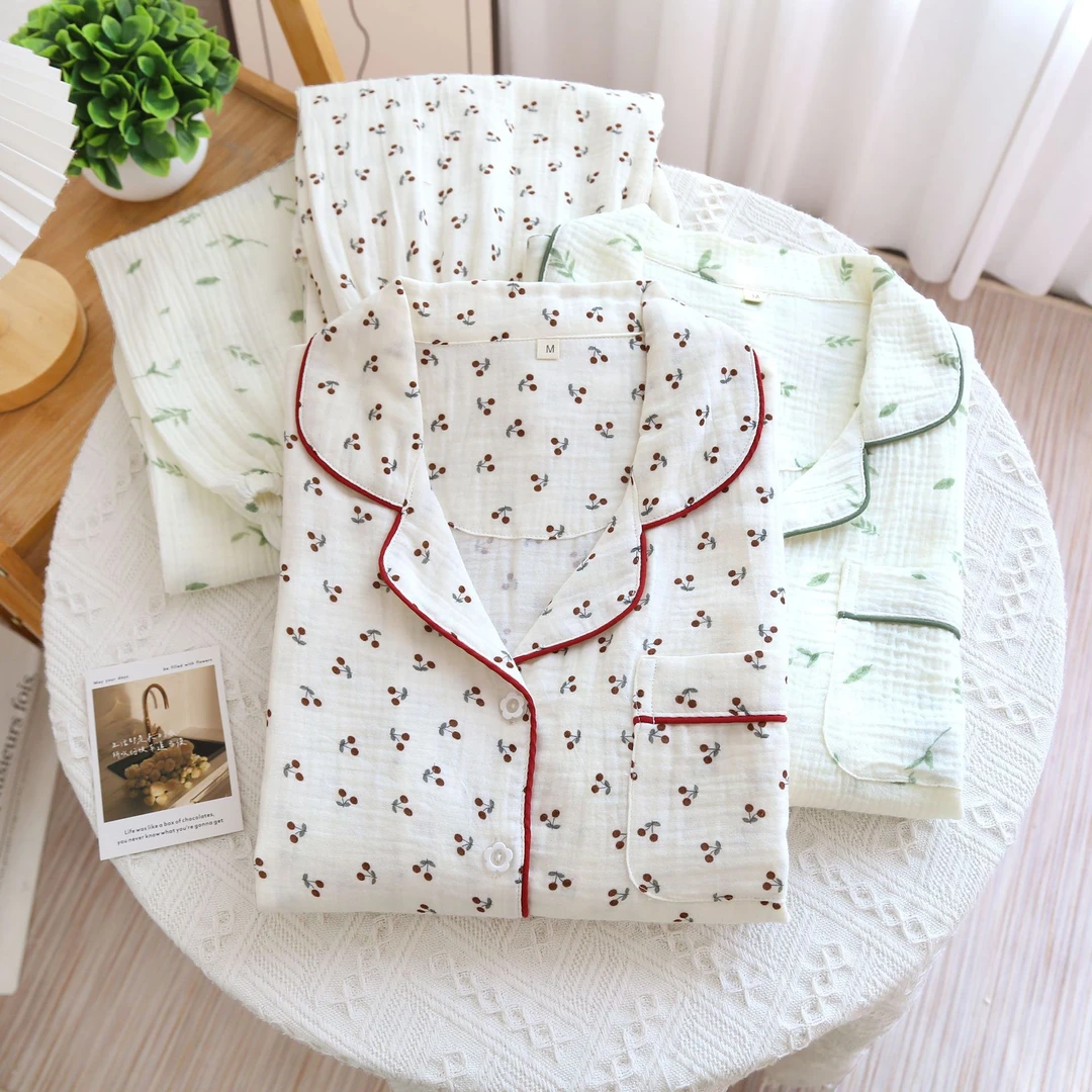 甜美风纯棉女士长袖长裤睡衣双层纱布开衫长袖睡衣春夏秋四季新款