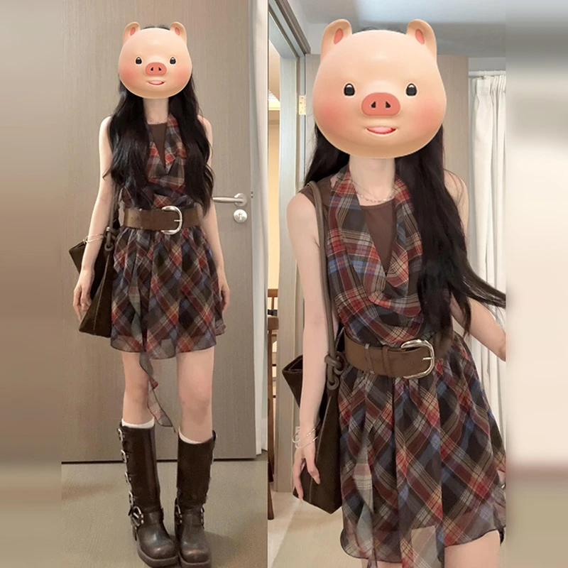 美式复古辣妹荡领挂脖连衣裙子女夏季2026新款小个子格纹气质短裙