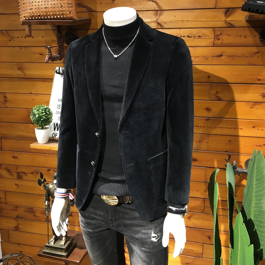 约蒂宾弗灯芯绒西装外套男士秋冬季条绒单西复古商务修身休闲西服