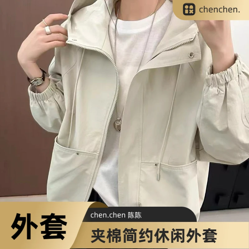 【夹棉简约休闲外套】连帽秋冬INS风落肩袖女短外套立领休闲冲锋衣