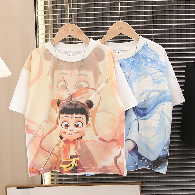 儿童短袖T恤男童夏季宽松哪吒卡通男孩上衣潮流中大童休闲炸街