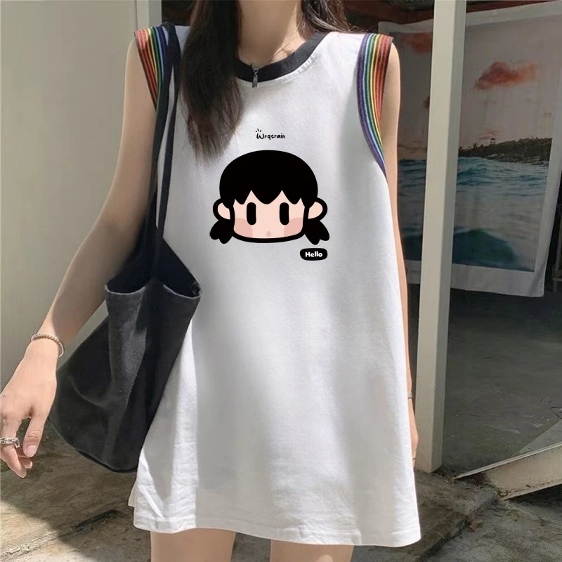 纯棉无袖背心女外穿夏多巴胺2025新款宽松遮屁T恤休闲慵懒风上衣