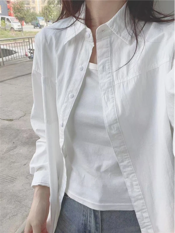 开春纯棉白衬衫外套女小个子宽松长袖上衣内搭打底正肩衬衣开衫潮