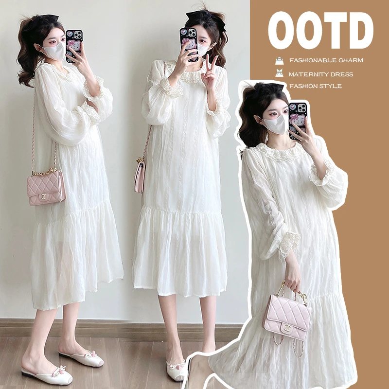 MIMI~孕妇装春装新款长袖蕾丝仙女连衣裙女甜美显瘦初恋度假裙