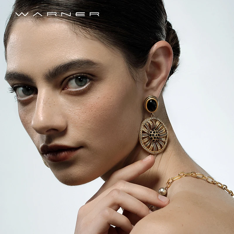 黄铜合成锆石耳饰 Warner华纳耳饰高级感轻奢罗莎太阳花耳圈