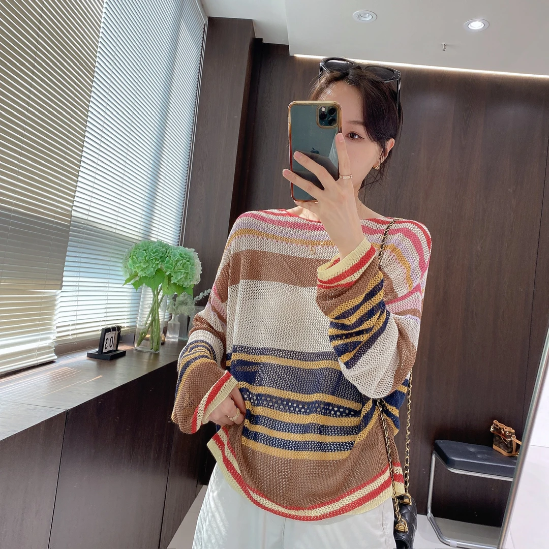 IMFLY金小金自制女装 莱赛尔针织衫DYW9089撞色条纹镂空罩衫上衣