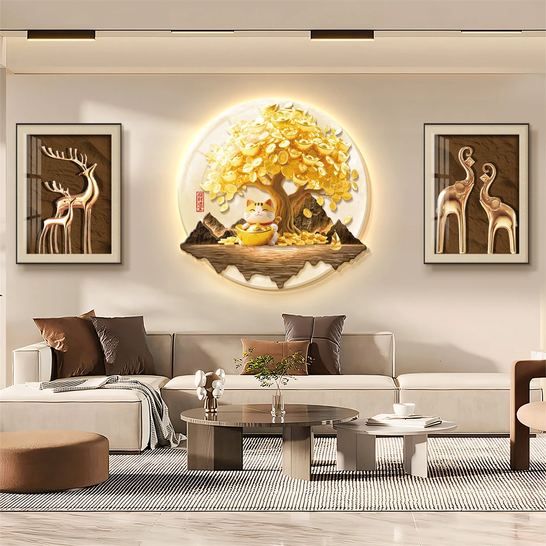 新中式客厅沙发背景墙装饰画发财树轻奢高级挂画晶瓷画寓意好壁画