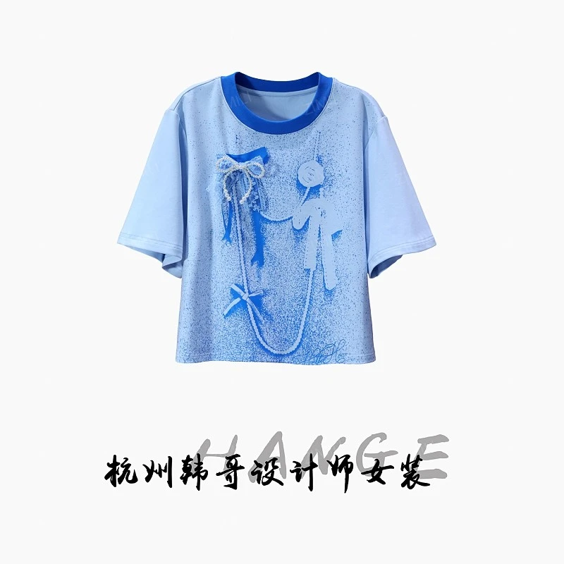 【韩哥女装】2025欧货小众扩版冷雾蓝撞色印花时尚圆领重工短袖7166