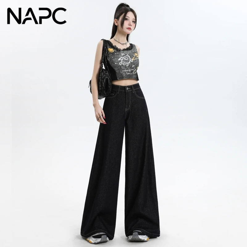 NAPC深蓝色宽松阔腿牛仔裤女夏季新款美式高腰垂感黑色直筒拖地裤