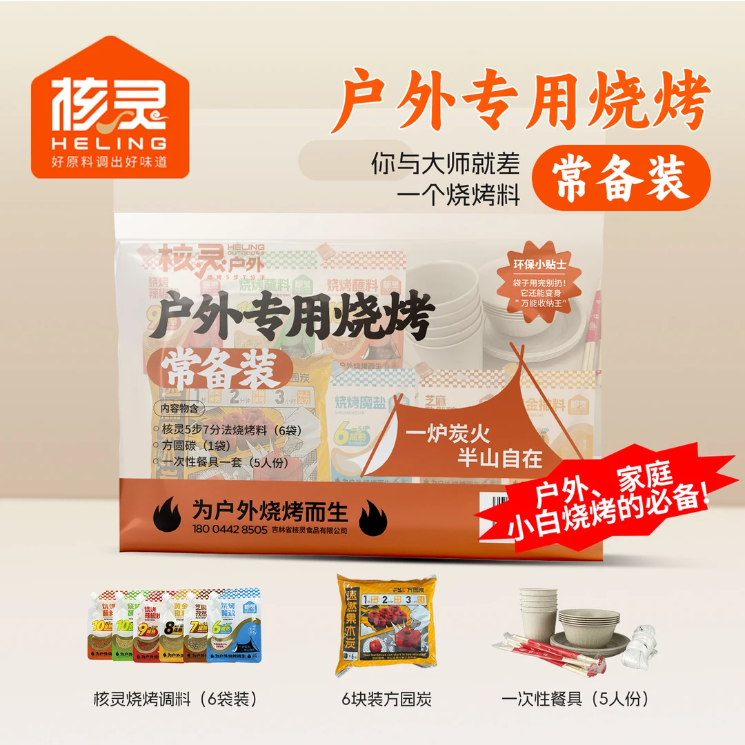 HELING/核灵户外专用烧烤常备装调料+炭+餐具家用烧烤露营专用