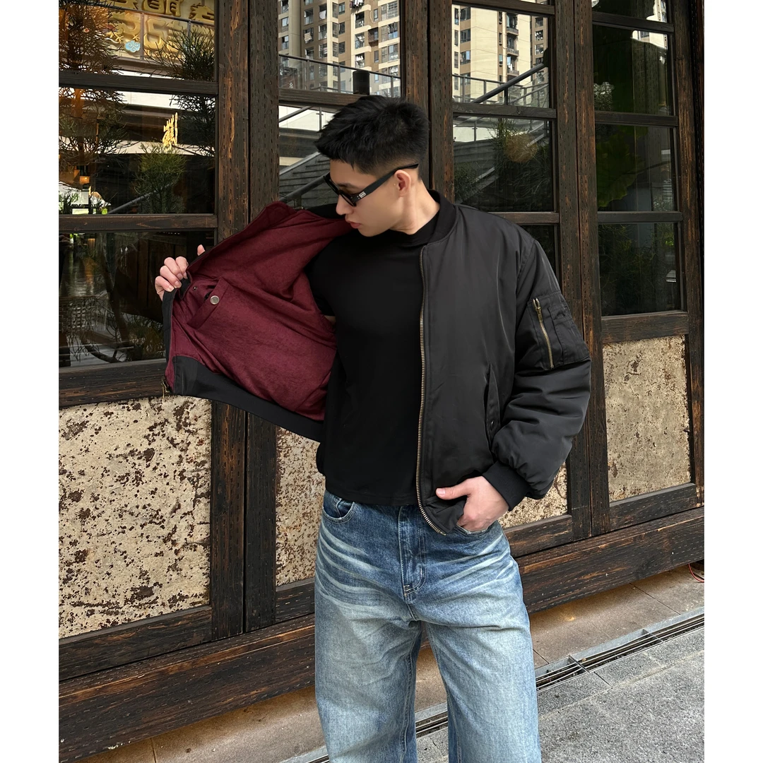 酒红丝绒bomber棉服冬季双面穿加厚保暖拼色棉衣男ma1飞行员外套