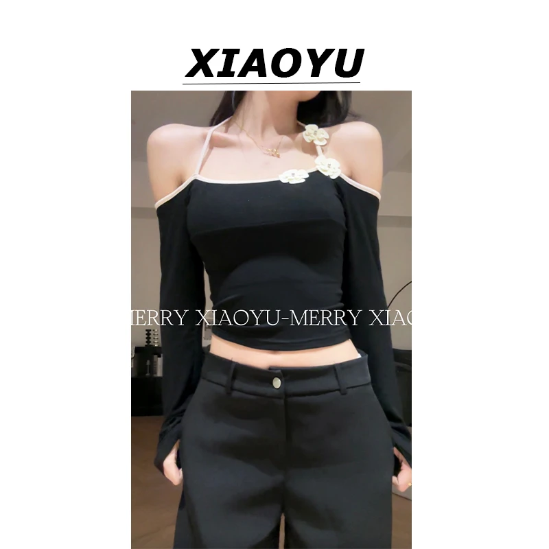 妙前小鱼【假日遛弯】辣妹一字肩长袖T恤挂脖小众别致显瘦气质上衣