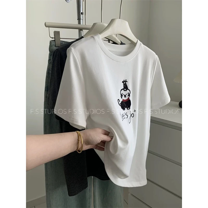 【线条小狗T】纯色圆领卡通小狗短袖T恤