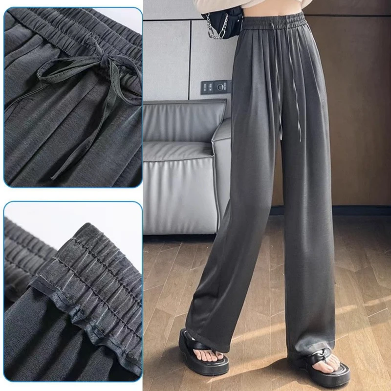 夏季高腰阔腿裤薄款休闲裤垂感百搭宽松运动裤拖地裤黑色