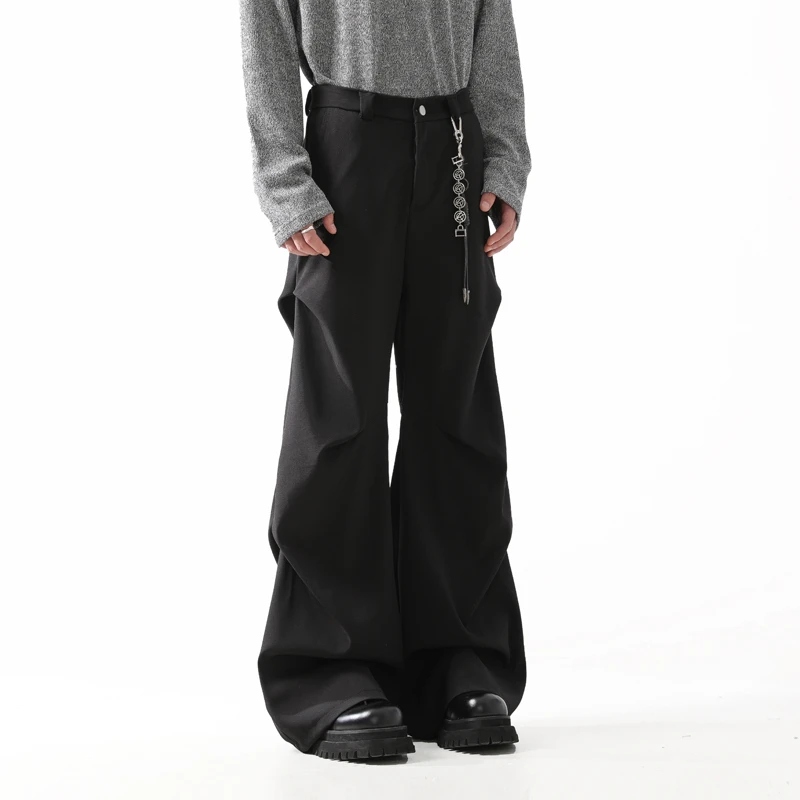 DOFERNERY 美式设计感褶皱黑色西裤男士春秋高级感阔腿垂感休闲裤