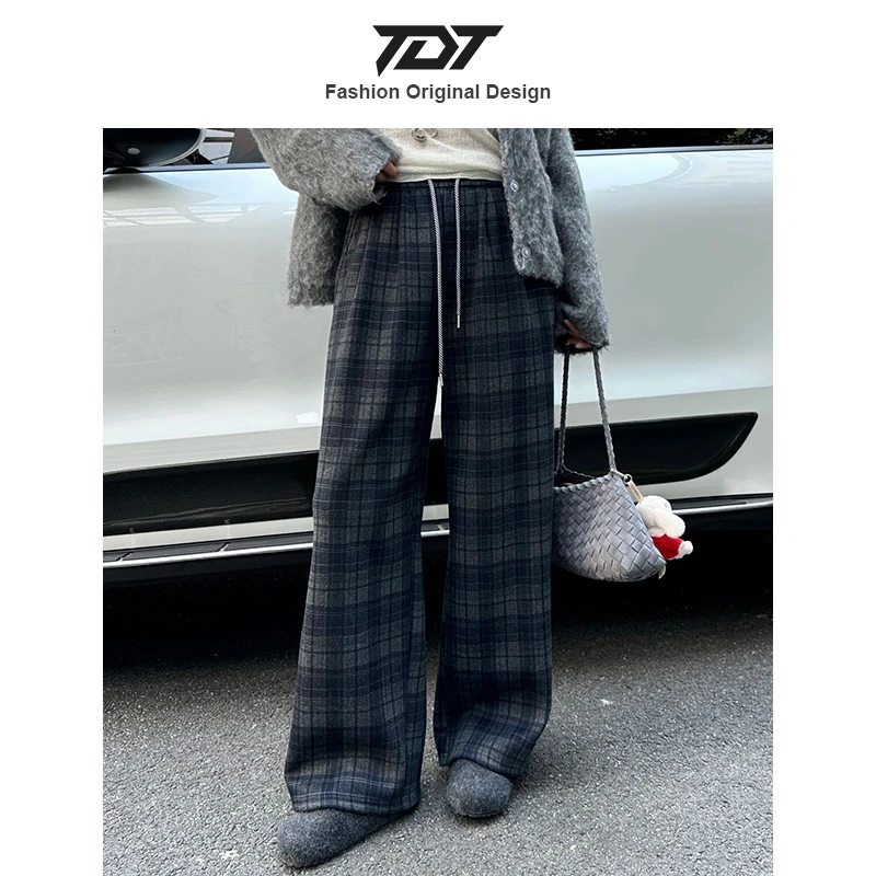 「TDT」加绒加厚复古格子阔腿裤女秋冬高腰保暖宽松休闲直筒长裤