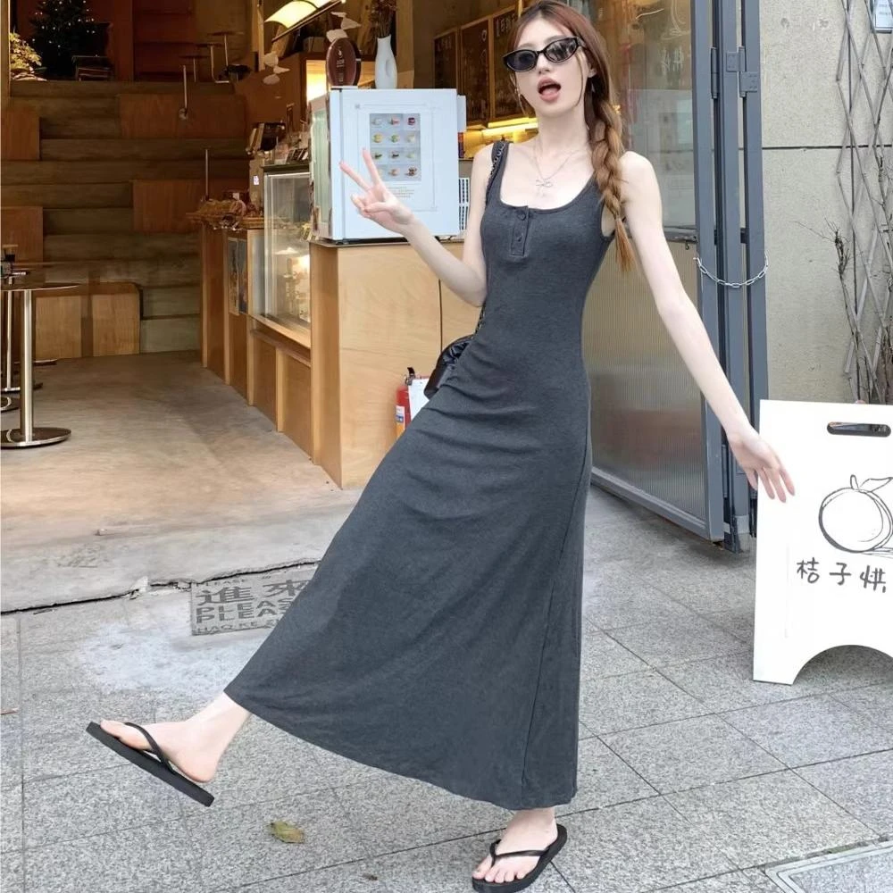 韩系气质方领背心连衣裙女夏季辣妹修身显瘦百搭内搭收腰长裙子