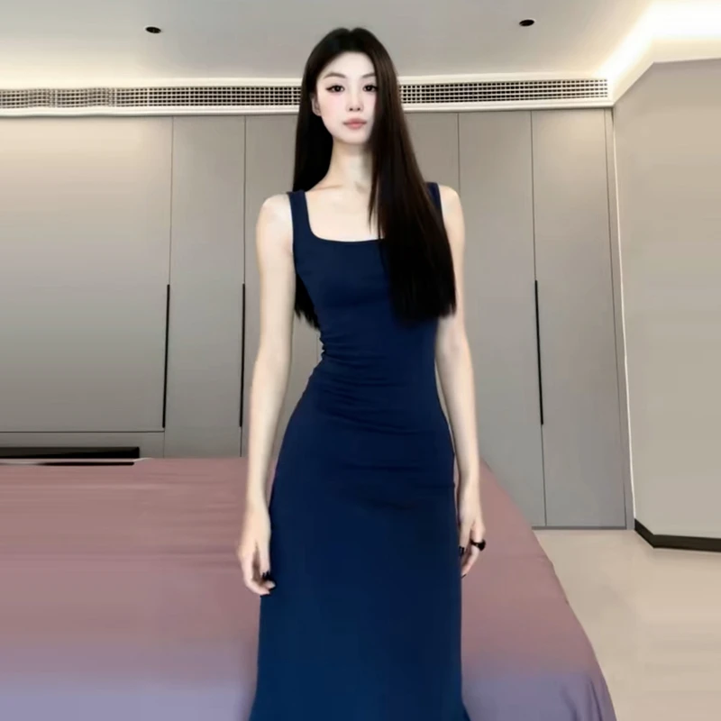 0818蓝色无袖背心连衣裙子欧若风穿搭海边度假吊带长裙女夏季新款