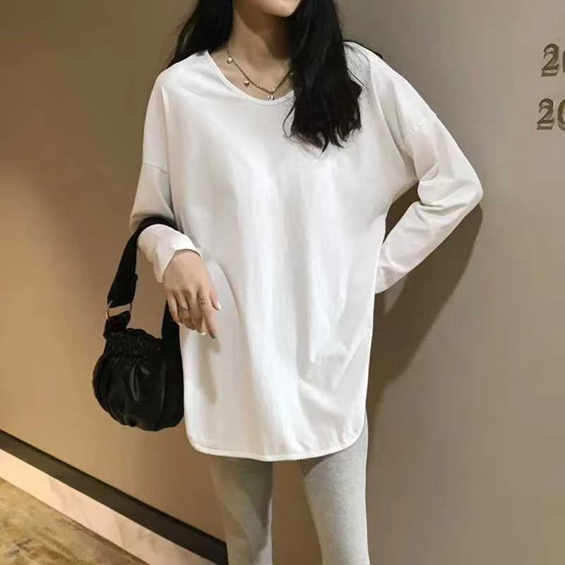 秋季流行开叉宽松纯棉白色长袖打底衫女款