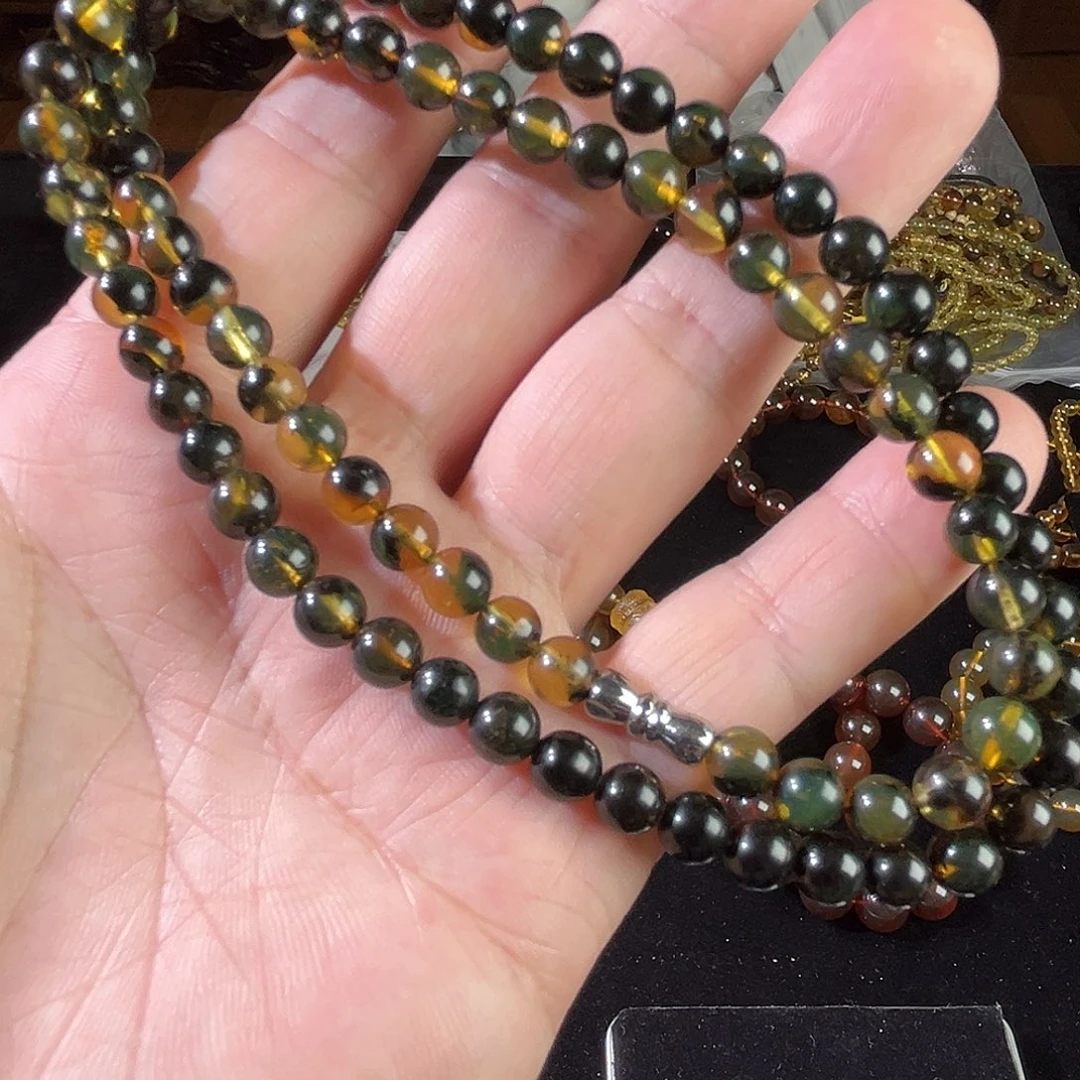手链琥珀未镶嵌天然缅甸琥珀，黑蜜溶洞项链
