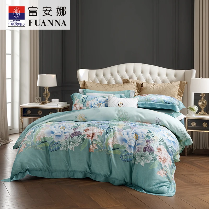 【专柜同款】富安娜清新绿韵爽滑舒适柔软天丝床单款四件套百花轩