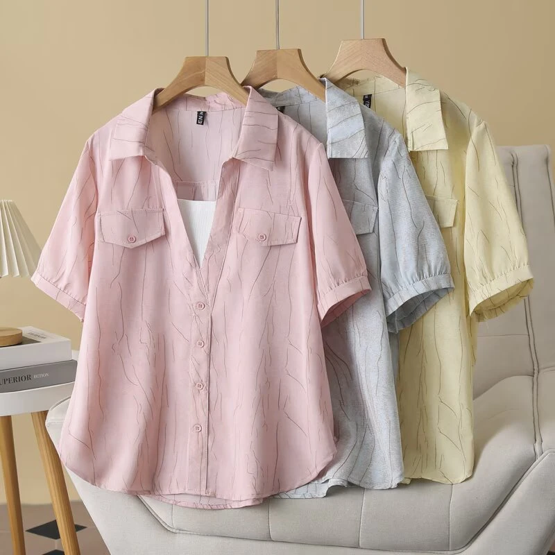 大码薄款夏季短袖翻领短袖休闲百搭洋气气质假两件衬衫