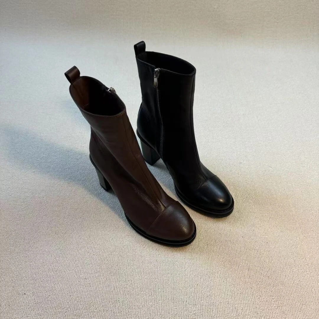 六也「都市时髦」简约气质真皮圆头一脚蹬百搭通勤增高短靴女L916