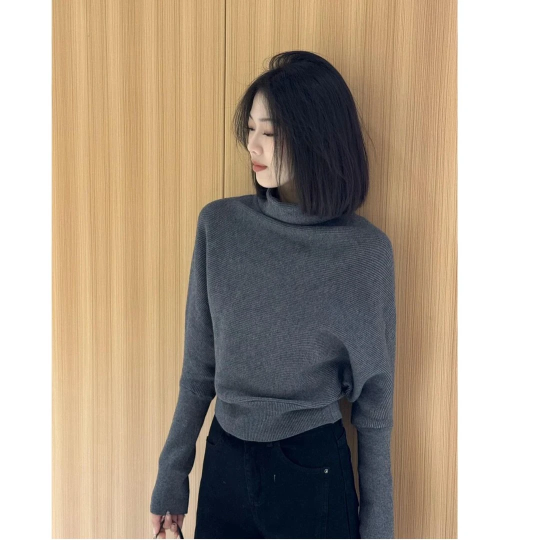 韩系半高领设计蝙蝠袖针织衫女秋冬慵懒风宽松显瘦高级感气质上衣
