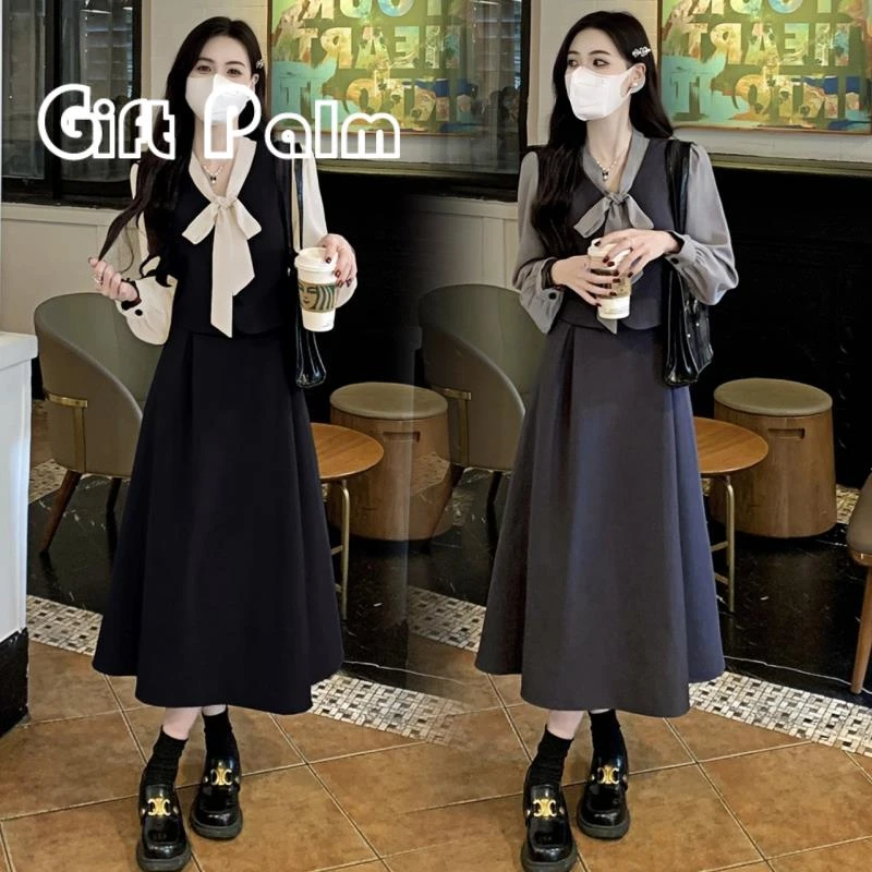 GiftPalm大尺码女装春秋微胖mm显瘦小香风假两件套洋装高级感长裙
