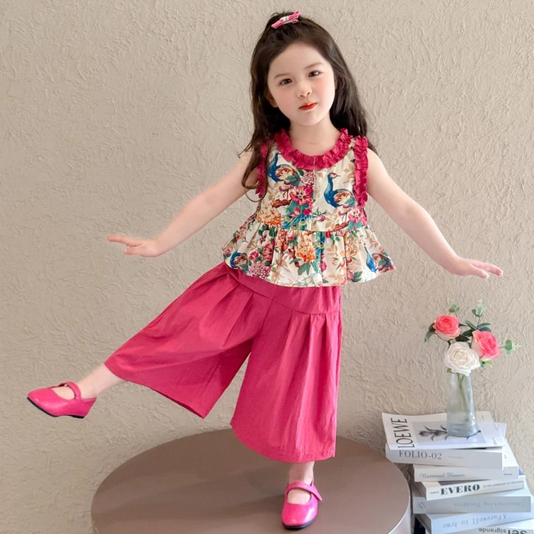 女小童夏季套装2025新款宝宝碎花背心夏装小女孩洋气灯笼裤两件套