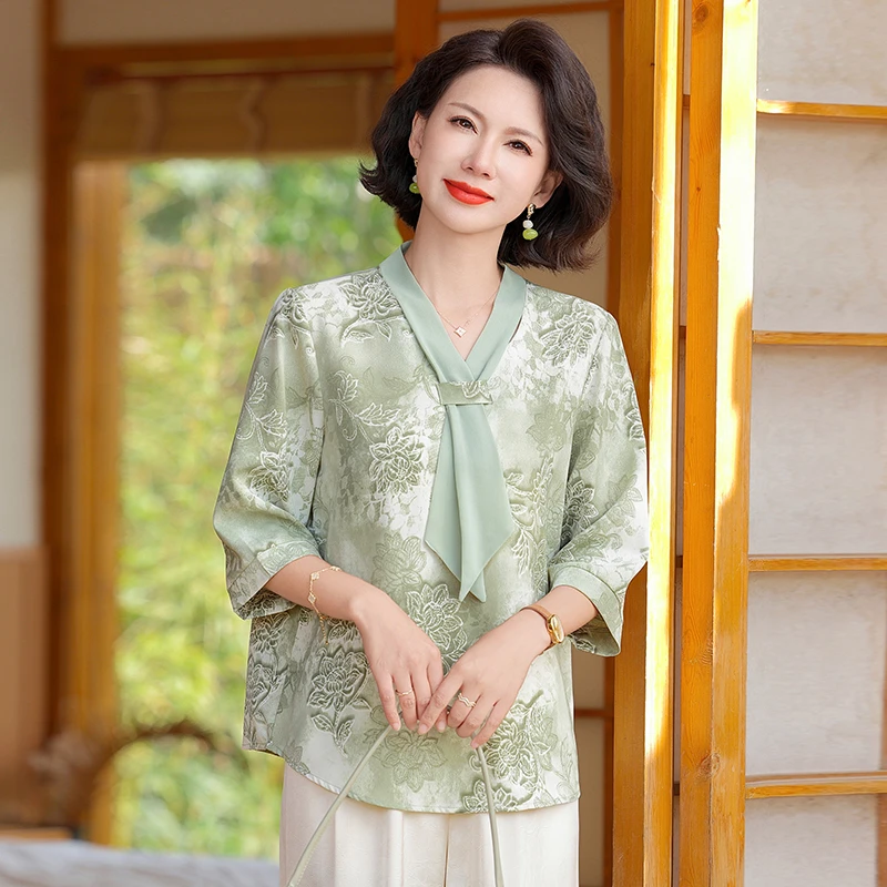 妈妈装夏季复古小衫洋气大码老年人夏装女气质休闲上衣套头中老年