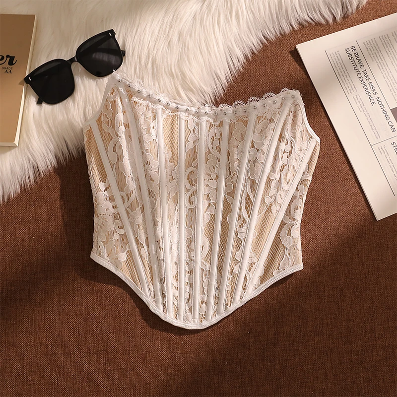 设计感不规则蕾丝鱼骨吊带背心女夏外穿性感露背束腰辣妹抹胸上衣