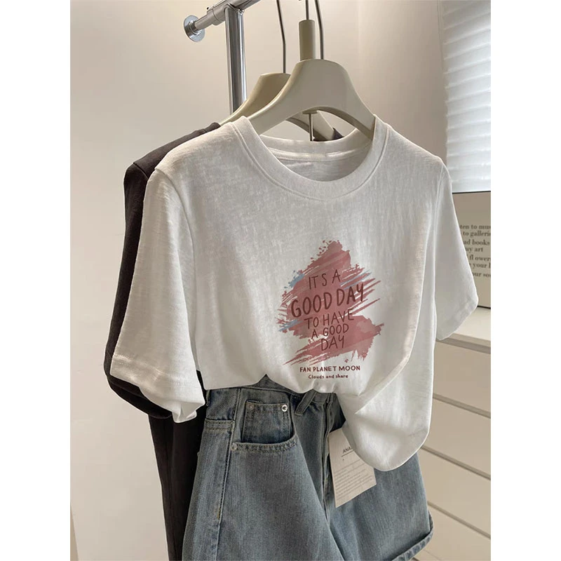 女装白色雪花棉正肩圆领短袖t恤夏季新款小众不撞款时尚减龄休闲