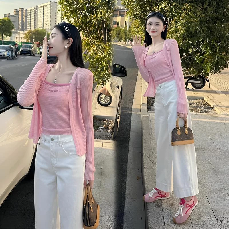 温柔风韩系时尚粉色背心吊带针织开衫女通勤百搭休闲阔腿裤三件套