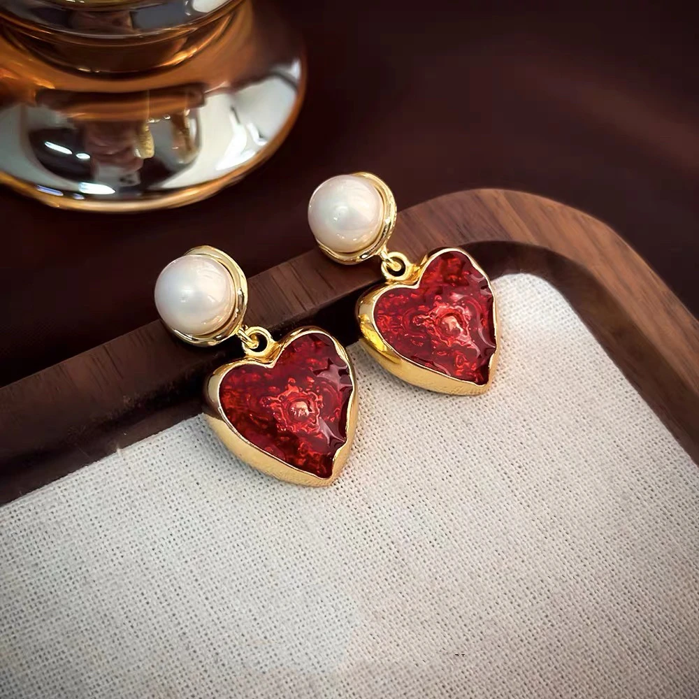 铜合金耳饰 法式小众红色气质时尚百搭设计感-633