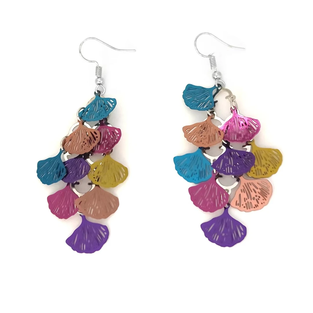 铜合金耳饰 民族风银杏叶拼色流苏耳坠