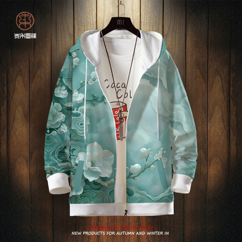 3D花卫衣外套男oversize加绒加厚秋冬季新款连帽开衫ins潮牌上衣